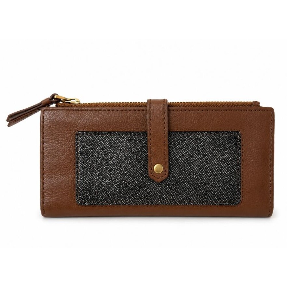 Fossil Leather Checkbook Wallet Brown Glitter Zip Around Organizer Clutch Women